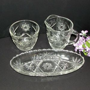 Anchor Hocking Glass Prescut EAPC Creamer Sugar Bowl & Tray Set Star of David